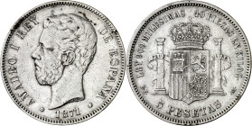 1871*1873. Amadeo I. DEM. 5 pesetas. (AC. 3). Golpecito sobre la segunda estrella, pero indudable. Rara. 24,86 g. MBC-.