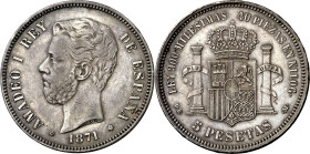 1871*1875. Amadeo I. DEM. 5 pesetas. (AC. 7). Leves golpecitos. Pátina. 24,92 g. MBC+.