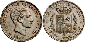 1877. Alfonso XII. Barcelona. OM. 5 céntimos. (AC. 4). El reverso calcado en anverso, especialmente visibles las letras OM. Ex Áureo 09/04/2003, nº 18...