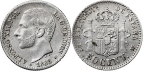 1885/1*86. Alfonso XII. MSM. 50 céntimos. (AC. 13). 2,52 g. MBC/MBC-.