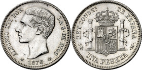 1876*1876. Alfonso XII. DEM. 1 peseta. (AC. 15). Rayitas por limpieza. 4,96 g. (EBC).