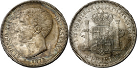 1875*1875. Alfonso XII. DEM. 5 pesetas. (AC. 35). Pátina irregular. 25,09 g. MBC+.