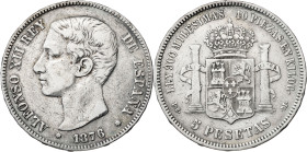 1876*--76. Alfonso XII. DEM. 5 pesetas. (AC. 37). 24,76 g. BC+/MBC-.