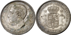 1876*1876. Alfonso XII. DEM. 5 pesetas. (AC. 37). Pátina irregular. 25,19 g. EBC-.