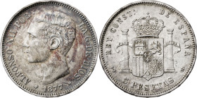 1877*1877. Alfonso XII. DEM. 5 pesetas. (AC. 38). Golpecitos. Pátina. 24,95 g. MBC.