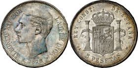 1878*187-. Alfonso XII. DEM. 5 pesetas. (AC. 39). Leves rayitas. Pátina. 24,95 g. MBC+/EBC-.