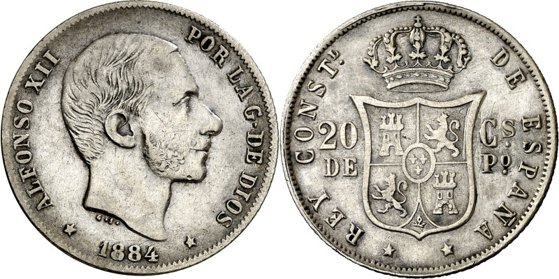 1884. Alfonso XII. Manila. 20 centavos. (AC. 110). Escasa. 5 g. MBC/MBC-.