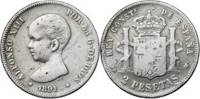 1891*----. Alfonso XIII. PGM. 2 pesetas. (AC. 84). Escasa. 9,83 g. BC+/BC-.