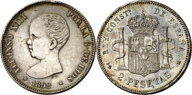 1892*1892. Alfonso XIII. PGM. 2 pesetas. (AC. 85). Rayitas. 9,89 g. MBC+.