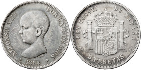 1888*1888. Alfonso XIII. MPM. 5 pesetas. (AC. 92). Estrellas algo flojas. 24,74 g. BC+.