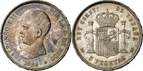 1889*1889. Alfonso XIII. MPM. 5 pesetas. (AC. 93). Pátina. 24,87 g. EBC-/EBC.