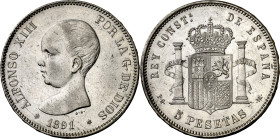 1891*1891. Alfonso XIII. PGM. 5 pesetas. (AC. 98). Rayitas. 25 g. MBC/MBC+.