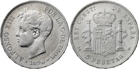 1896*1896. Alfonso XIII. PGV. 5 pesetas. (AC. 106). Limpiada. 24,98 g. MBC/MBC+.