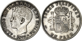 1897. Alfonso XIII. Manila. SGV. 1 peso. (AC. 122). 24,76 g. MBC-/MBC.