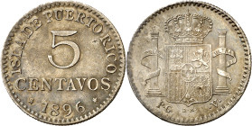 1896. Alfonso XIII. Puerto Rico. PGV. 5 centavos. (AC. 124). 1,23 g. MBC.