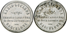 Barcelona. Radio Lucarda. 10 y 15 céntimos. (AL. 1398 y 1399). 2 monedas de aluminio con sello pegado. Raras. MBC/MBC+.