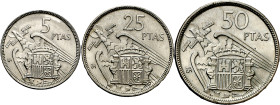 1957. Franco. BA (Barcelona). 5, 25 y 50 pesetas. (AC. 154 a 156). I Exposición Iberoamericana de Numismática y Medallística. 3 monedas, serie complet...