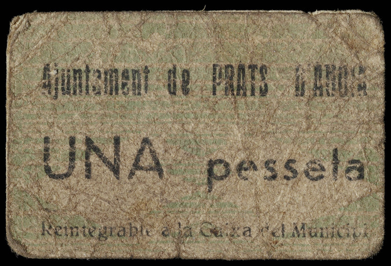 Prats d'Anoia. 1 peseta. (T. 2299). Cartón. Raro. BC.