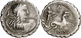 (hacia 72 a.C.). Gens Crepereia. Denario. (Bab. 1) (Craw. 399/1a). Anv.: Busto de Anfitrite tres cuartos de espaldas, detrás delfín, delante A. Rev.: ...