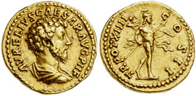 (159-160 d.C.). Marco Aurelio. Áureo. (Spink 4773) (Co. 754) (RIC. 481c) (Calicó 1976). Anv.: AVRELIVS CAESAR AVG PII F. Su busto drapeado. Rev.: TR. ...