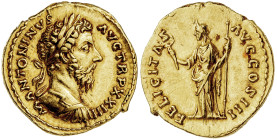 (168-169 d.C.). Marco Aurelio. Áureo. (Spink 4857 sim) (Co. falta) (RIC. 200) (Calicó 1852). Anv.: M. ANTONINVS AVG. TR. P. XXIII. Su busto laureado y...