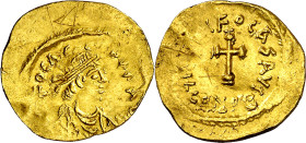 Focas (602-610). Constantinopla. Tremissis. (Ratto 1207) (S. 634). Anv.: (d. N). FOCAS PP. (sic) AV(G). Su busto diademado, drapeado y acorazado. Rev....