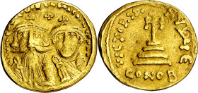 Heraclio y Heraclio Constantino (610-641). Constantinopla. Sólido. (Ratto 1369 var) (S. 749). Anv.: dd. NN. hRACLIS hRA. COSN.(sic) PP. AV. Bustos aco...