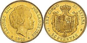 1892*1892. Alfonso XIII. PGM. 20 pesetas. (AC. 115). Tipo "bucles". Leves golpecitos. Rara. 6,44 g. EBC-. 

1892*1892. Alfonso XIII. PGM. 20 pesetas...