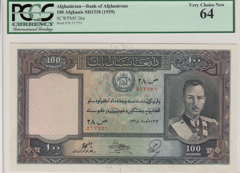 Afghanistan, 100 afghanis, 1939, UNC, p26a
PCGS 64, serial number:28517751
Est...