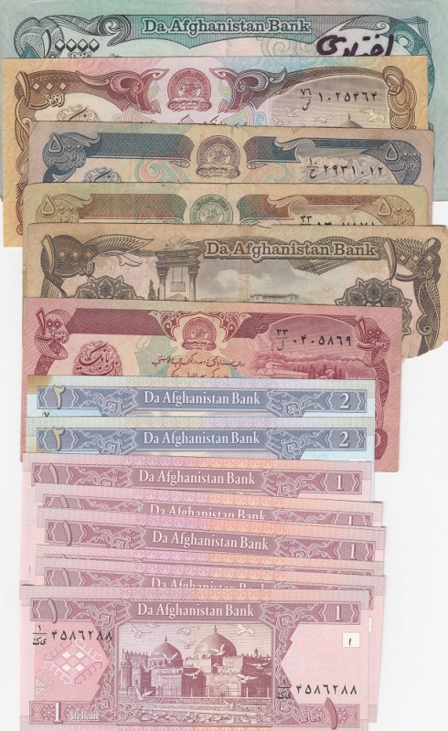 Afghanistan lot, (Total 15 banknotes)
1-2-100-500-1000-10.000 Afghanis, Fine- U...