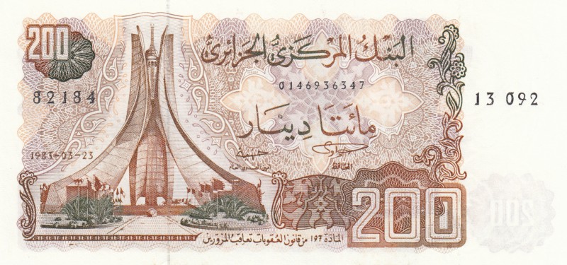 Algeria, 200 Dinars, 1983, UNC, p135
serial number: 82184.J3.092
Estimate: $15...