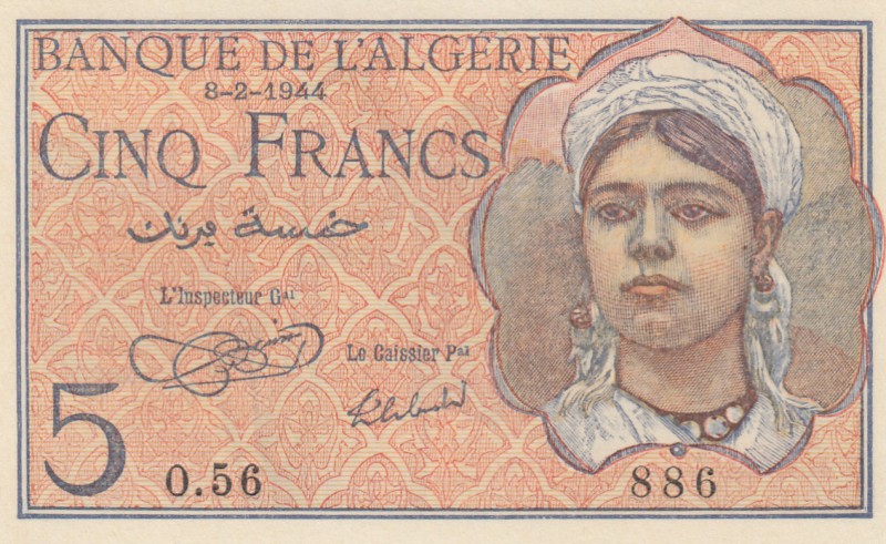 Algeria, 5 Francs, 1944, UNC, p94
serial number: Q.56.886
Estimate: $25-50