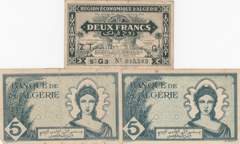 Algeria, 2 francs and 5 Francs (2), 1942 /1944, VF / XF, p99 / p91, (Total 3 ban...