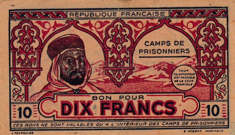 Algeria and Tunisia, 10 Francs, 1945, VF
camps de prisonniers, serial number: 1...