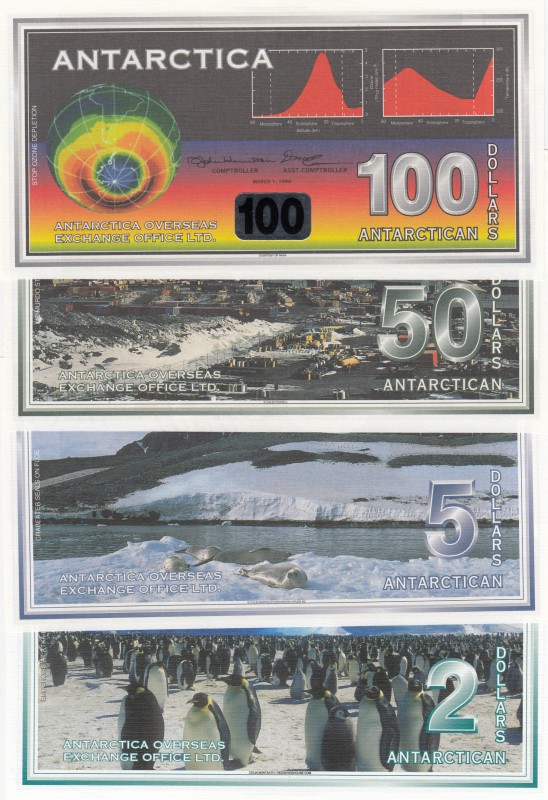 Antarctica, 2 Dollars, 5 Dollars, 50 Dollars and 1000 Dollars, 1996-2001, UNC, (...