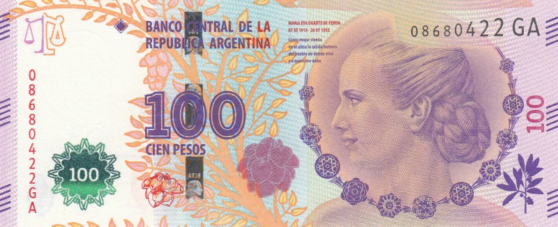 Argentina, 100 Pesos, 2012, UNC, p358
serial number: 08680422GA, Eva Peron comm...
