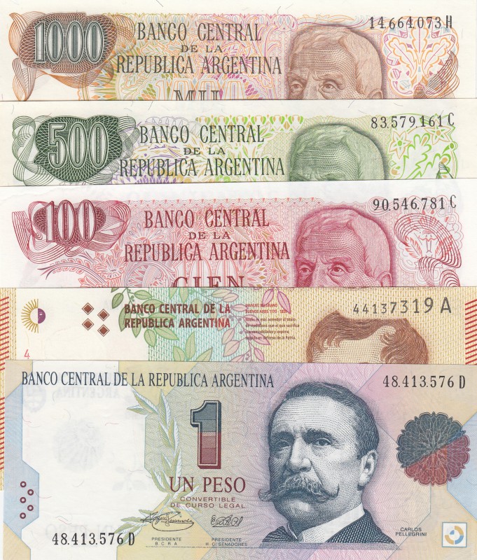 Argentina, 1 Peso, 10 Pesos, 100 Pesos, 500 Pesos and 1000 Pesos, 1976-2016, UNC...