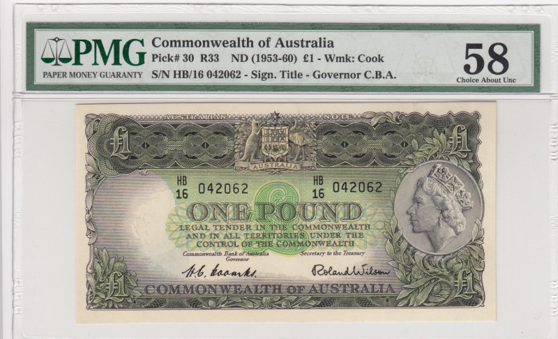 Australia, 1 Pound, 1953, AUNC, QE II, p30
PMG 58, serial number: HB/16 042062,...