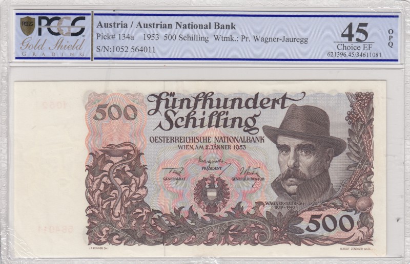 Austria, 500 Shillings, 1953, XF, p134a
PCGS 45 OPQ, serial number: 1052 564011...