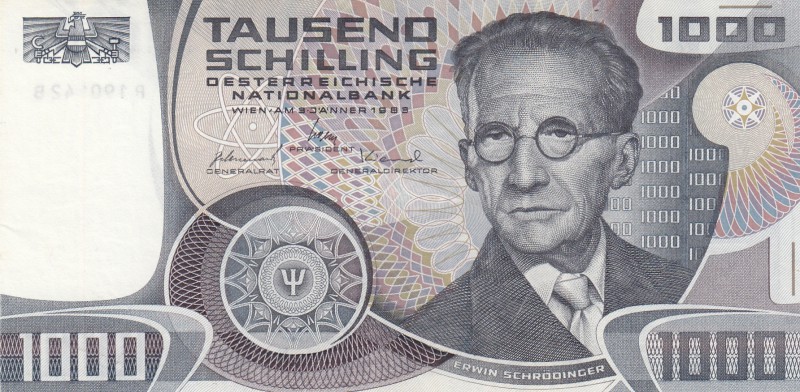 Austria, 1000 Shillings, 1983, AUNC, p152
Erwin Schrödinger portrait at right, ...