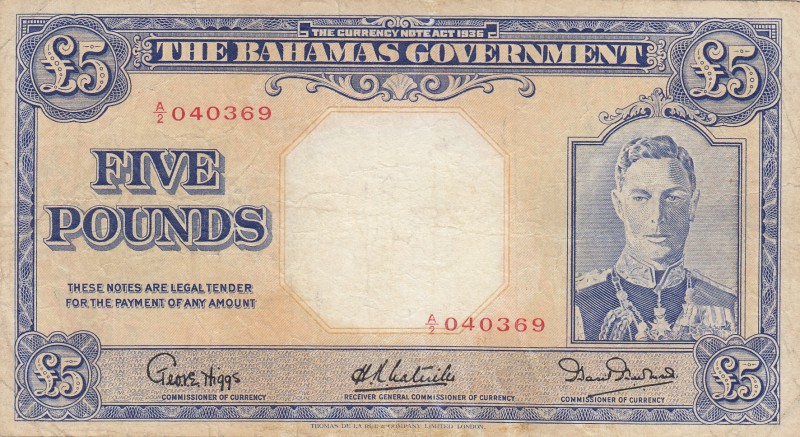 Bahamas, 5 Pounds, 1936, VF (+), p12b
King George VI portrait at right, serial ...