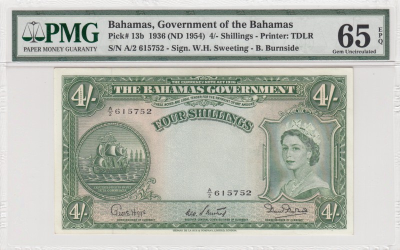 Bahamas, 4 Shillings, 1936, p13b
PMG 65 EPQ, serial number:A2 615752, Queen Eli...