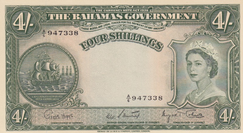 Bahamas, 4 Shillings, 1963, UNC, p13d
Queen Elizabeth II, serial number: A/6 94...
