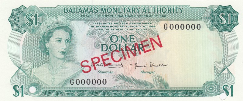 Bahamas, 1 Dollar, 1968, UNC, p27s, SPECIMEN
serial number: G 000000, Queen Eli...
