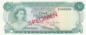 Bahamas, 1 Dollar, 1968, UNC, p27s, SPECIMEN
serial number: G 000000, Queen Elizabeth II portrait
Estimate: $50-100