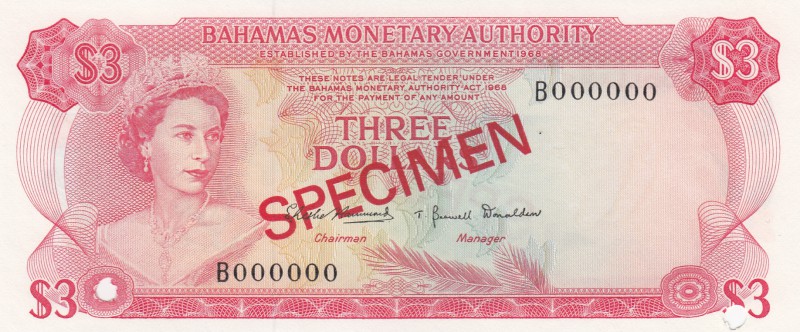 Bahamas, 3 Dollars, 1968, UNC, p28s, SPECIMEN
serial number: B 000000, Queen El...