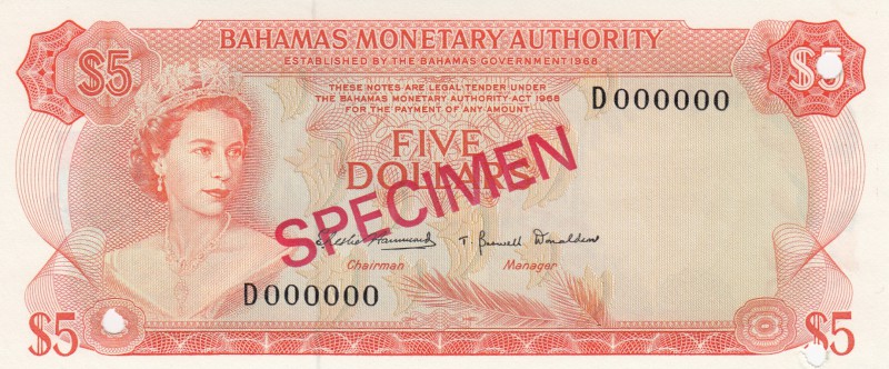 Bahamas, 5 Dollars, 1968, UNC, p29s, SPECIMEN
serial number: D 000000, Queen El...