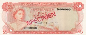 Bahamas, 5 Dollars, 1968, UNC, p29s, SPECIMEN
serial number: D 000000, Queen Elizabeth II portrait
Estimate: $100-200