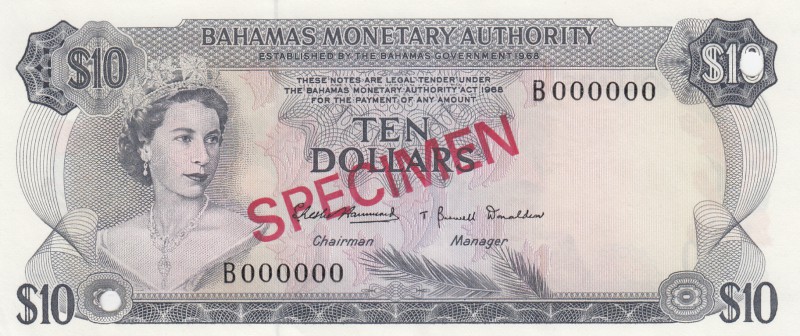 Bahamas, 10 Dollars, 1968, UNC, p30s, SPECIMEN
serial number: B 000000, Queen E...