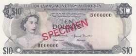 Bahamas, 10 Dollars, 1968, UNC, p30s, SPECIMEN
serial number: B 000000, Queen Elizabeth II portrait
Estimate: $200-300